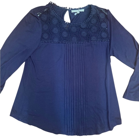 Daniel Rainn Darrel Crochet Yoke Knit Top Size MP Navy Casual Peasant Boho Flowy - Picture 9 of 16